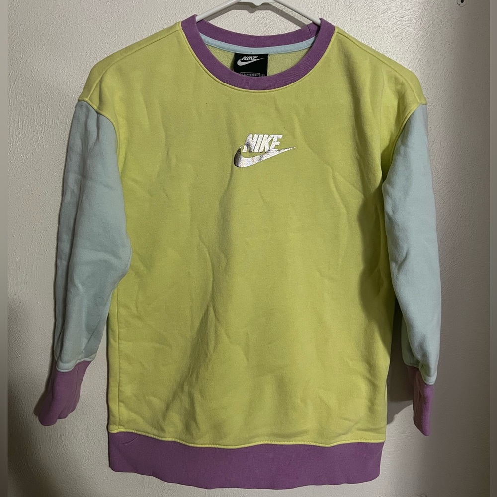NIKE Color Clash Color Block Fleece Crewneck Sweatshirt Metallic Logo Girl's S